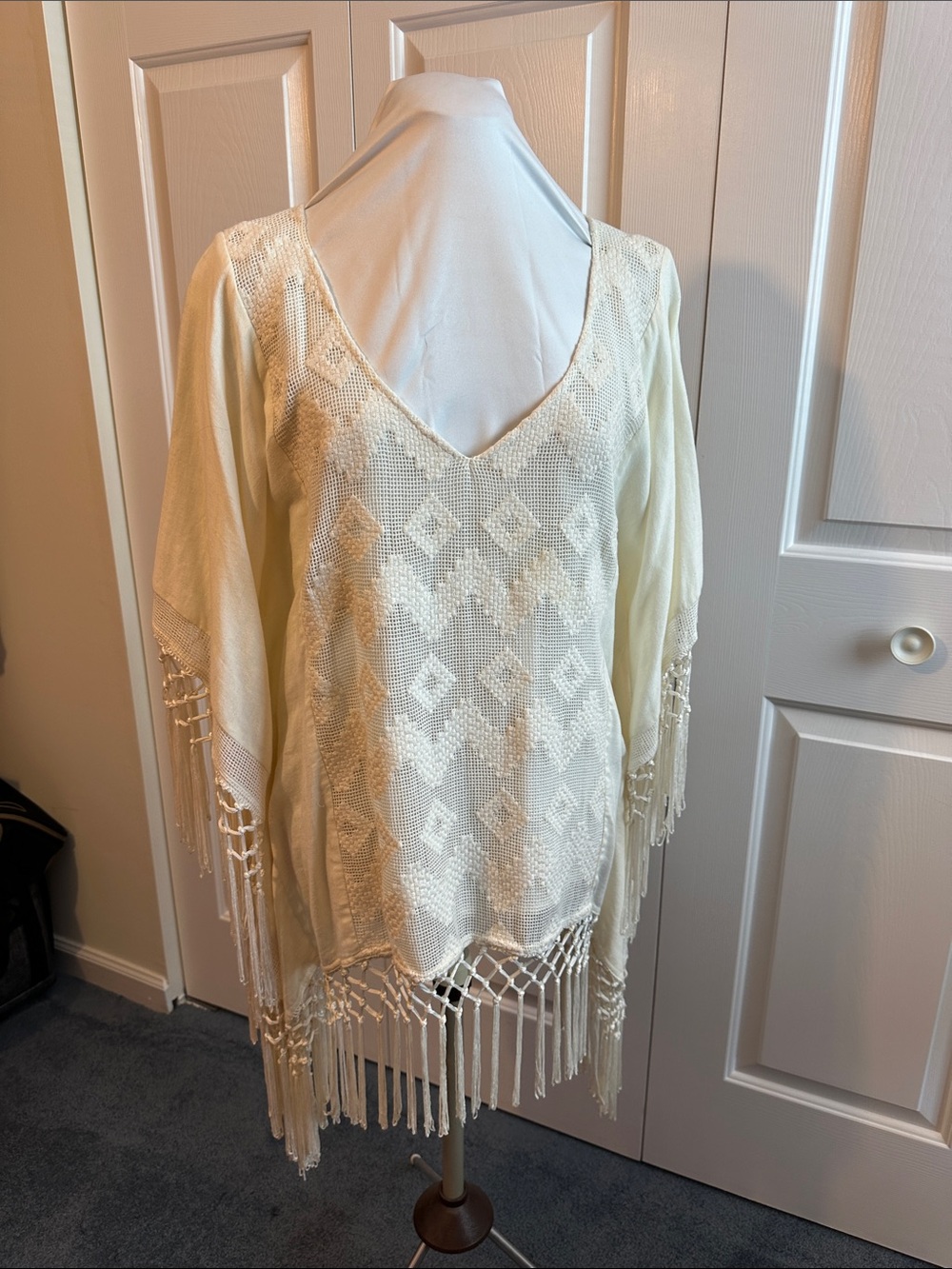 Anthropologie Cream Crochet Fringe V-Neck Tunic